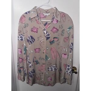 Graver Studio Womens Vintage Novelty Fashion Print Button Down Blouse Tan Medium